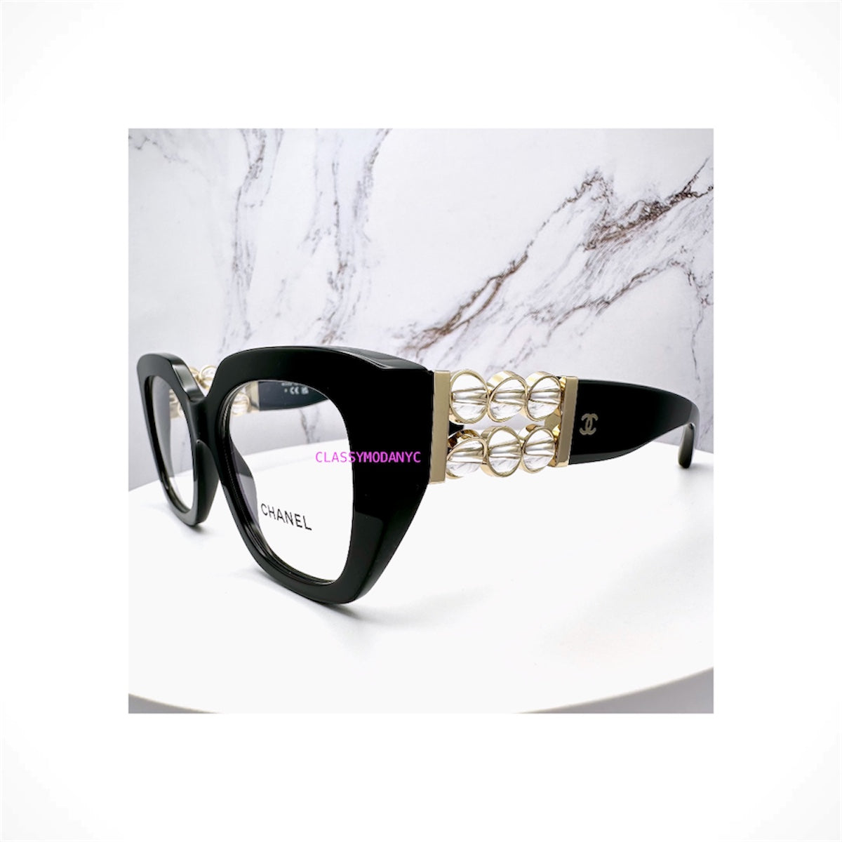 CHANEL 3488 C622 black cat-eye eyeglasses with gold CC and clear glass rotating pearl detailing
