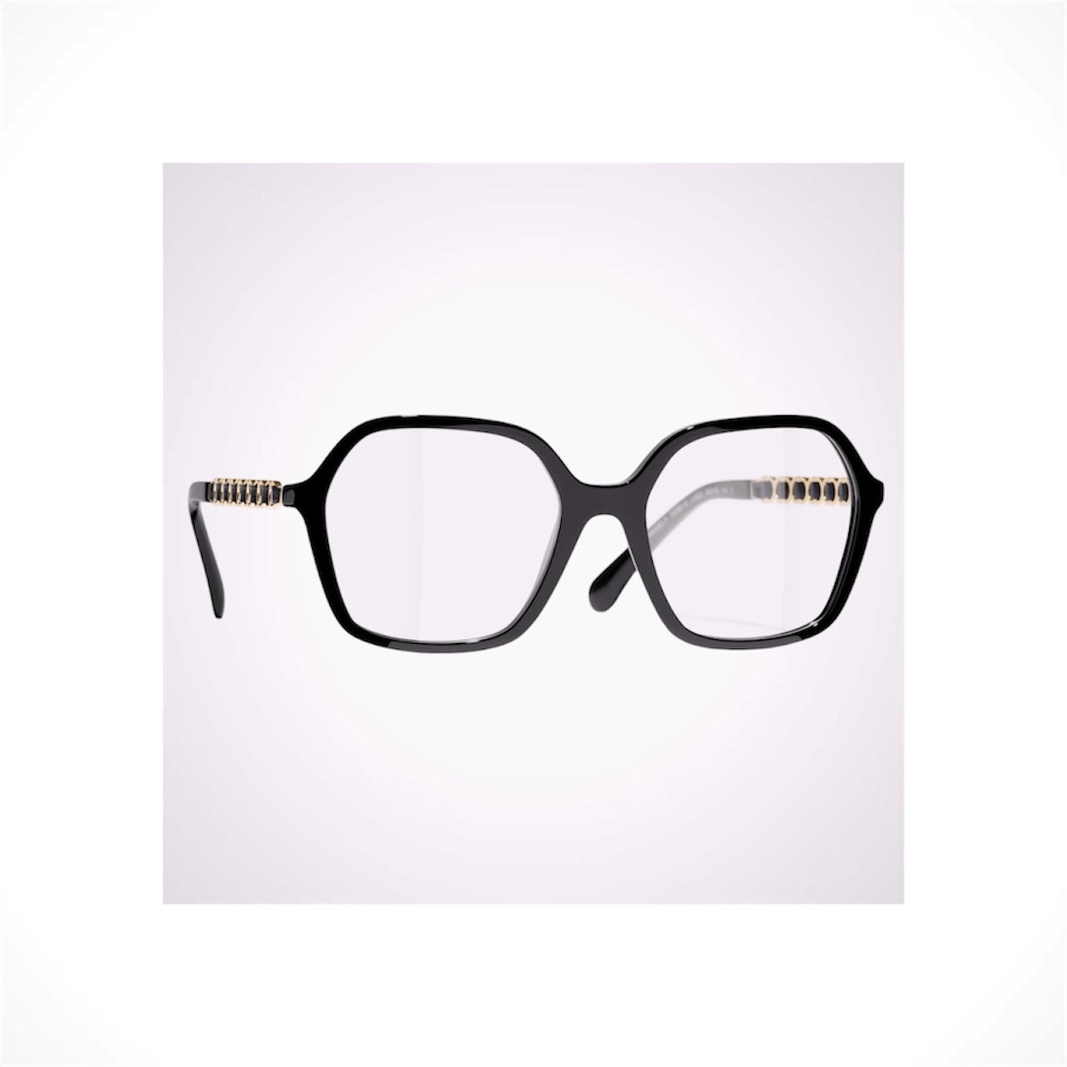 CHANEL 3489Q C622 black oversized square eyeglasses with gold metal and calfskin CC chain arms