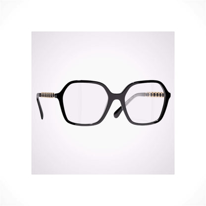 CHANEL 3489Q C622 black oversized square eyeglasses with gold metal and calfskin CC chain arms