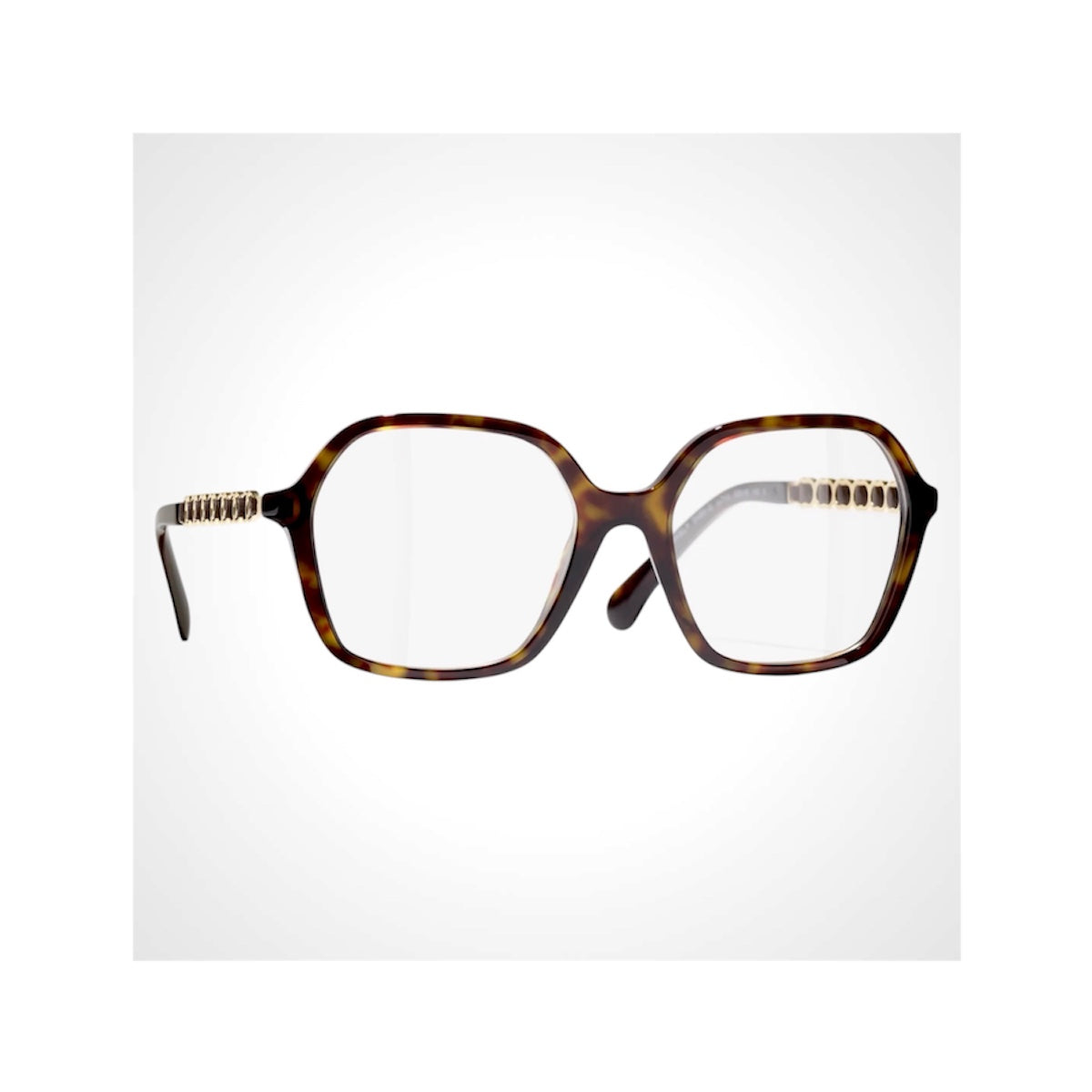 CHANEL 3489Q C714 dark tortoise brown oversized square eyeglasses with gold metal and calfskin CC chain arms