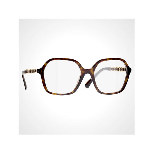 CHANEL 3489Q C714 dark tortoise brown oversized square eyeglasses with gold metal and calfskin CC chain arms