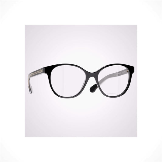 CHANEL 3493 C622 women's black pantos eyeglasses with gold flat CC chain arms