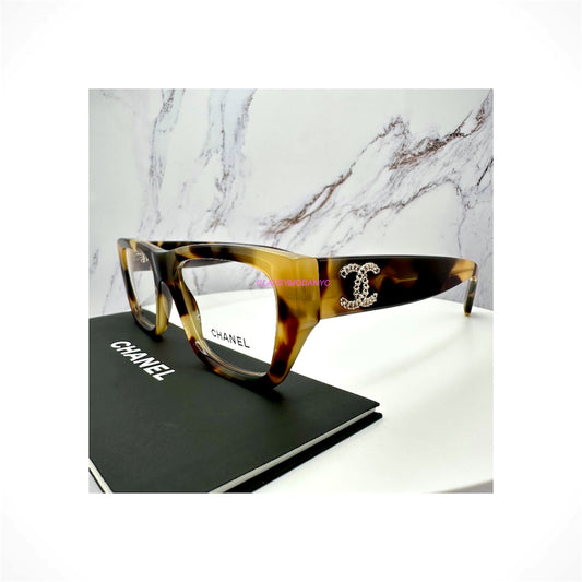 CHANEL 3495 1820 brown Havana rectangular eyeglasses with gold chain interlocking CC arms
