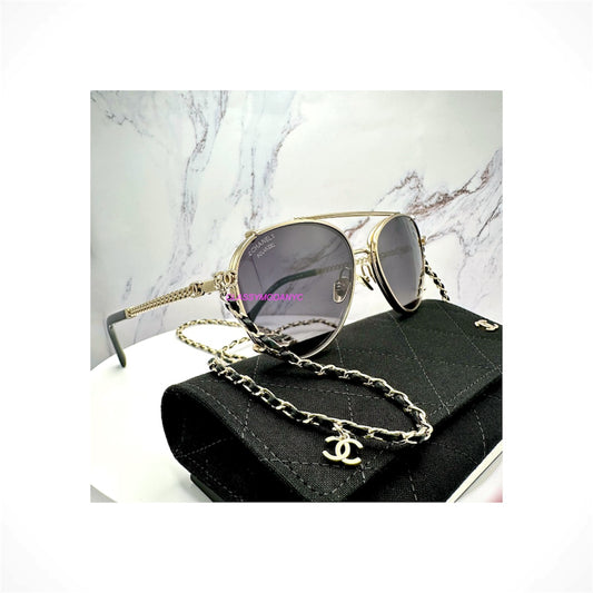 CHANEL 4292 C134/SB gold aviator pilot sunglasses with polarized gradient lenses, CC chain and leather detailing