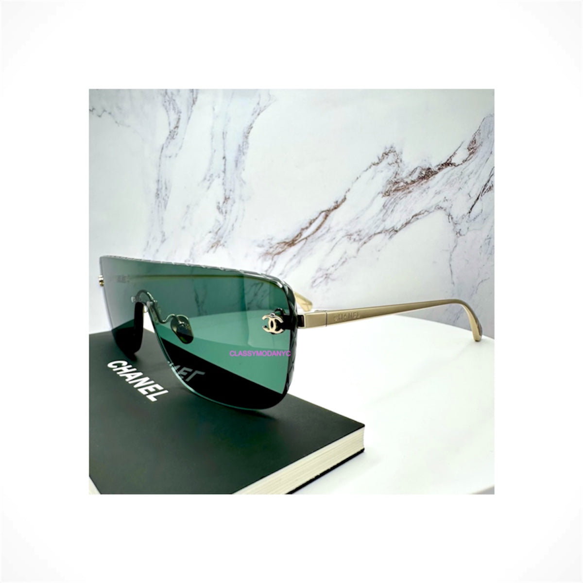 CHANEL 4293 C395/71 unisex light gold rimless shield sunglasses with green lenses, CC logo and quilted detailing