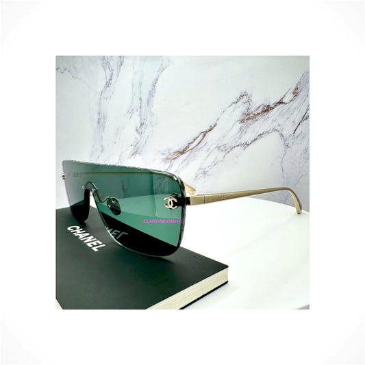 CHANEL 4293 C395/71 unisex light gold rimless shield sunglasses with green lenses, CC logo and quilted detailing