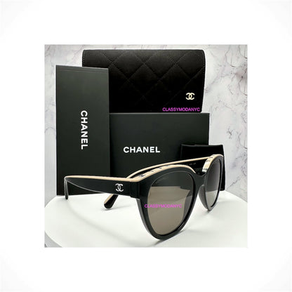 CHANEL 5414 C534/3 women's black and beige butterfly sunglasses with brown lenses and silver CC logo