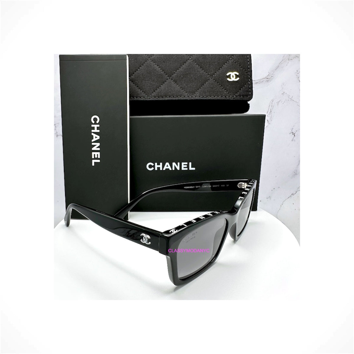 CHANEL 5417 C501/S8 women's black polarized square acetate sunglasses with gray lenses and silver interlocking CC logos