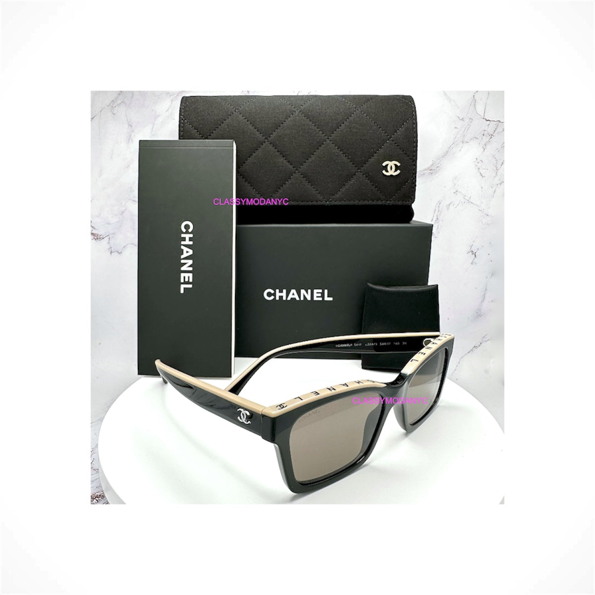 CHANEL 5417 C534/3 women's black and beige square sunglasses with brown gradient lenses and silver interlocking CC logos