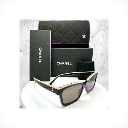 CHANEL 5417 C534/3 women's black and beige square sunglasses with brown gradient lenses and silver interlocking CC logos