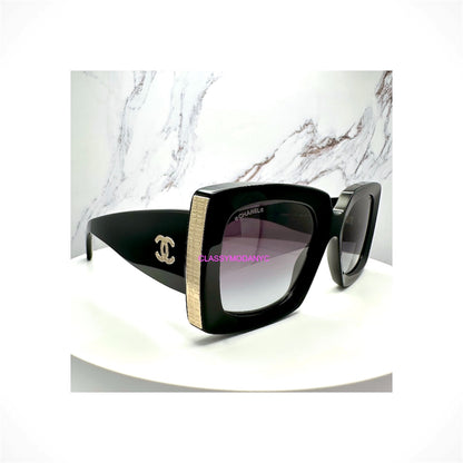 CHANEL 5435 C622/S6 unisex black acetate square rectangle sunglasses with gray gradient lenses and textured gold CC detailing