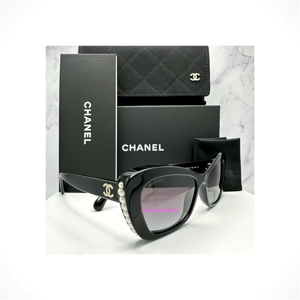 CHANEL 5481H C622/S6 women's black cat eye sunglasses with pearl front detailing, grey gradient lenses and gold CC logo