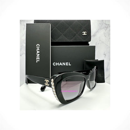 CHANEL 5481H C622/S6 women's black cat eye sunglasses with pearl front detailing, grey gradient lenses and gold CC logo