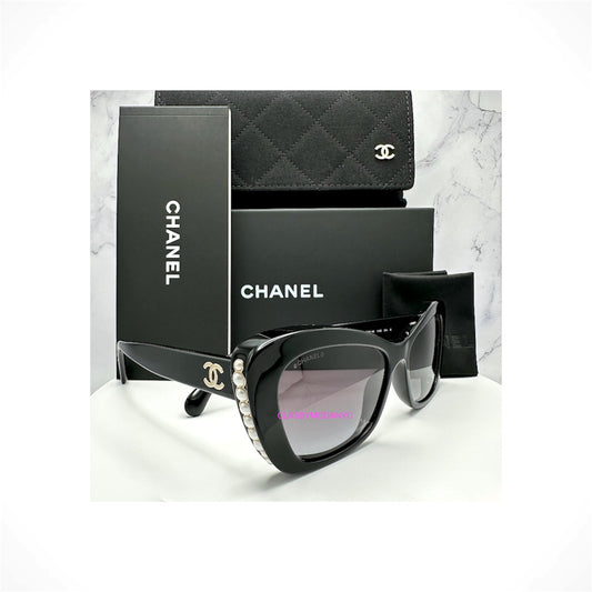 CHANEL 5481H C622/S6 women's black cat eye sunglasses with pearl front detailing, grey gradient lenses and gold CC logo