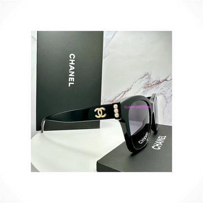 CHANEL 5482H C622/S8 women's black square sunglasses with white pearls, gray polarized gradient lenses and gold CC logo
