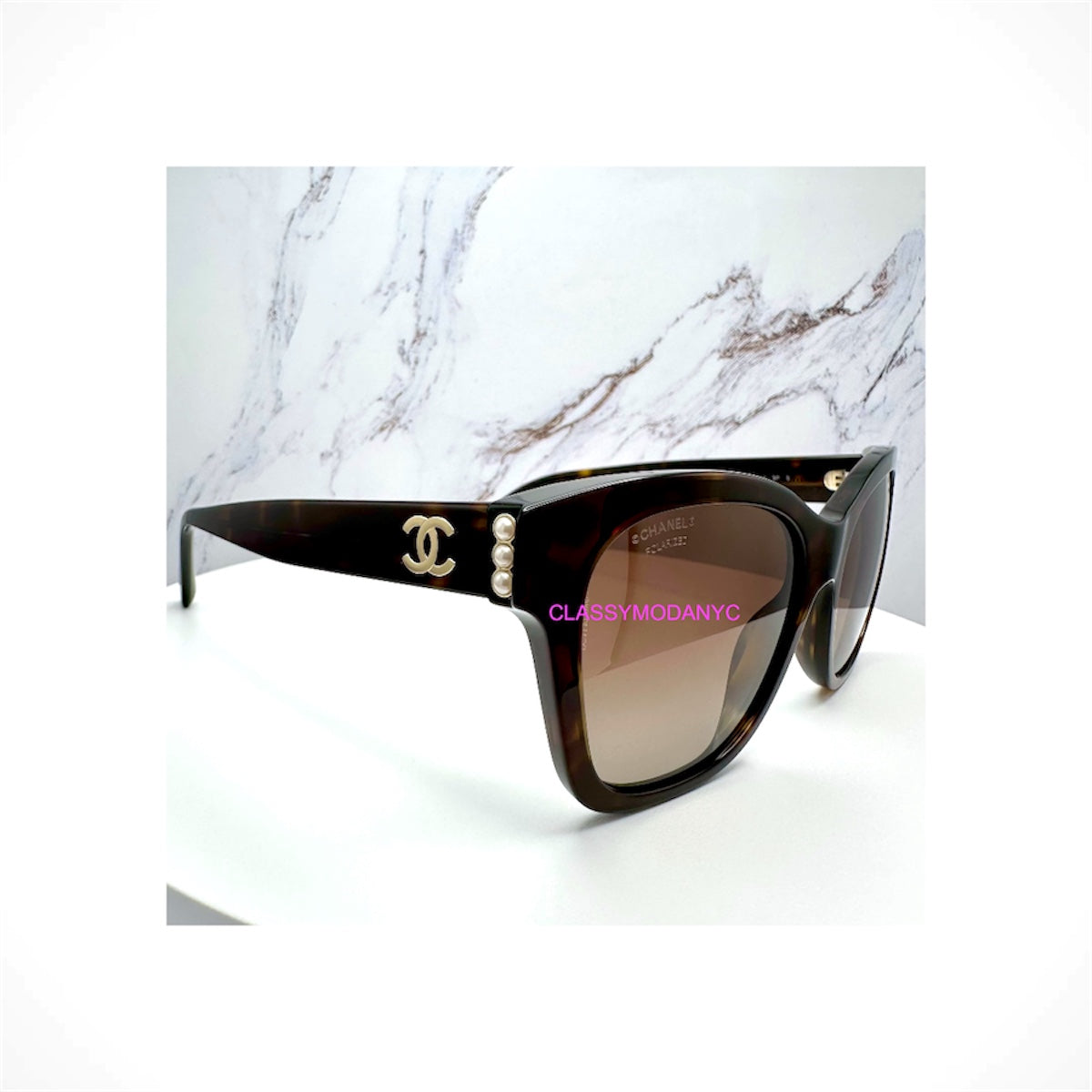 CHANEL 5482H C714/S9 women's brown tortoise square sunglasses with polarized gradient lenses, gold CC logos and white pearls
