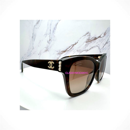 CHANEL 5482H C714/S9 women's brown tortoise square sunglasses with polarized gradient lenses, gold CC logos and white pearls