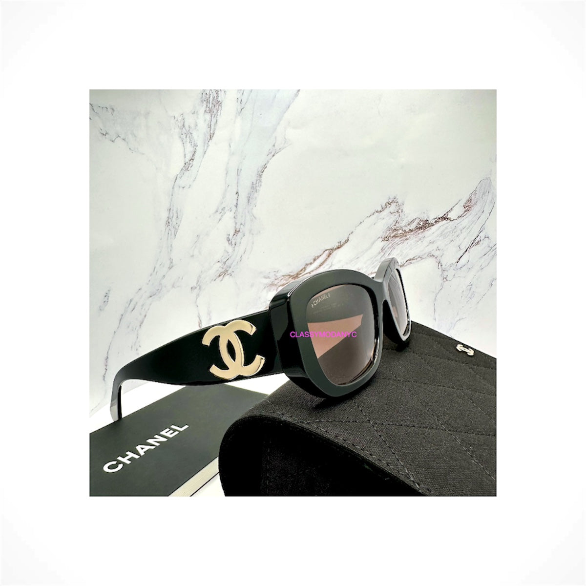 CHANEL 5493 C622/S5 black rectangle acetate sunglasses with brown gradient lenses and gold interlocking CC logos