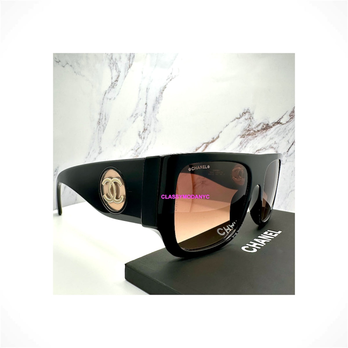 CHANEL 5549 C622/S5 unisex black square shield sunglasses with brown gradient lenses and gold interlocking CC logos