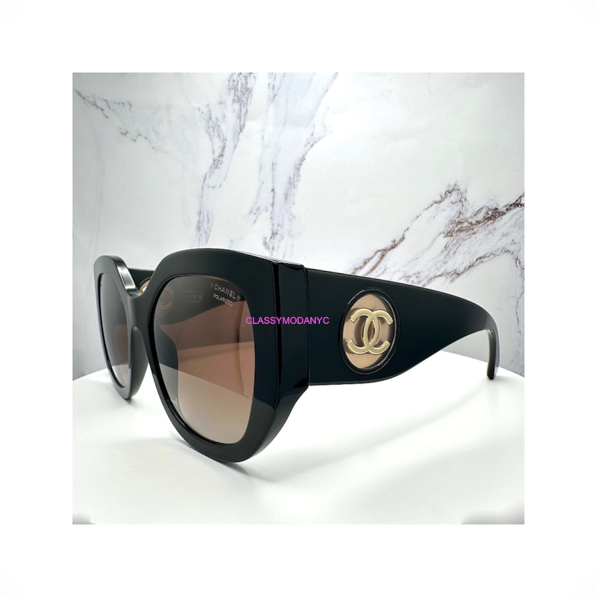 CHANEL 5550 C786/S9 women's black butterfly sunglasses with brown polarized gradient lenses and gold interlocking CC logos