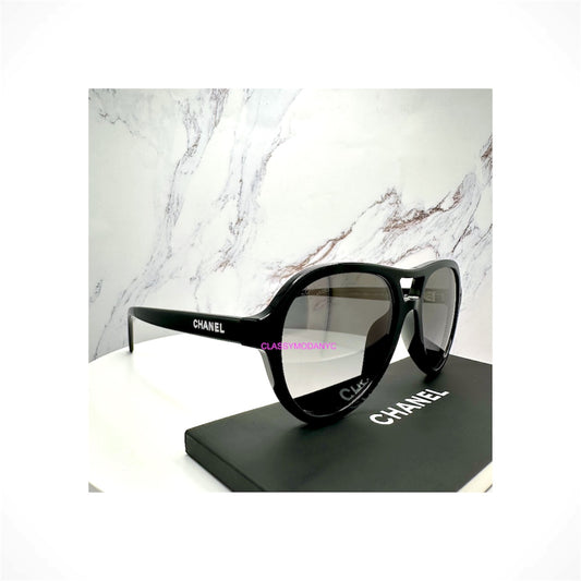 CHANEL 5552U C501/M3 women's black pilot aviator sunglasses with gray polarized gradient lenses and CHANEL letter logos