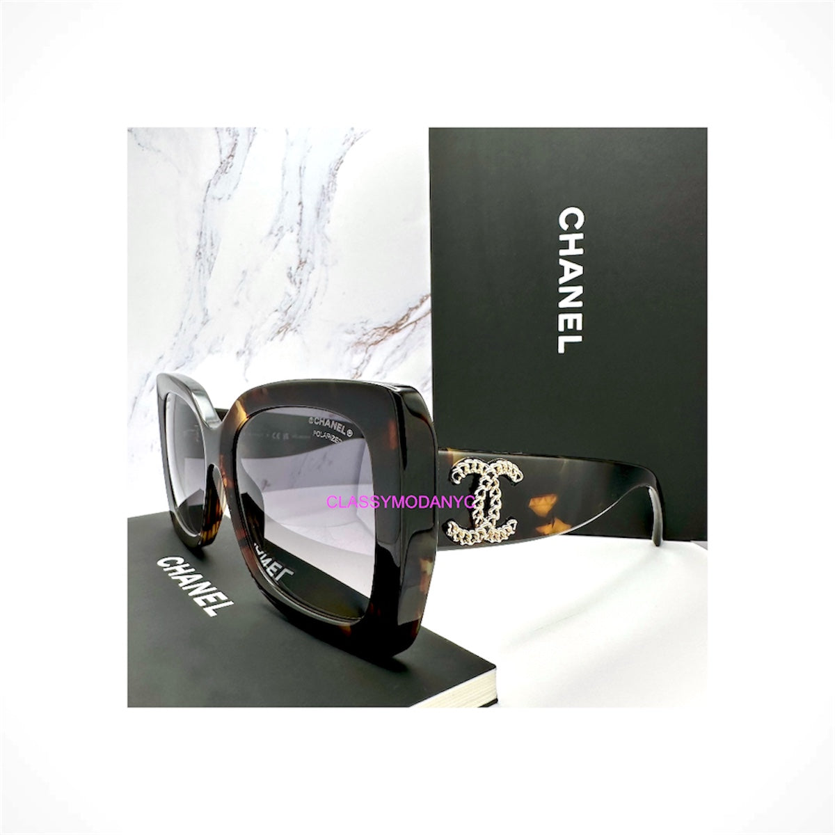 CHANEL 5555 1818/S8 women's brown tortoise square sunglasses with gray polarized gradient lenses and gold CC chain logo