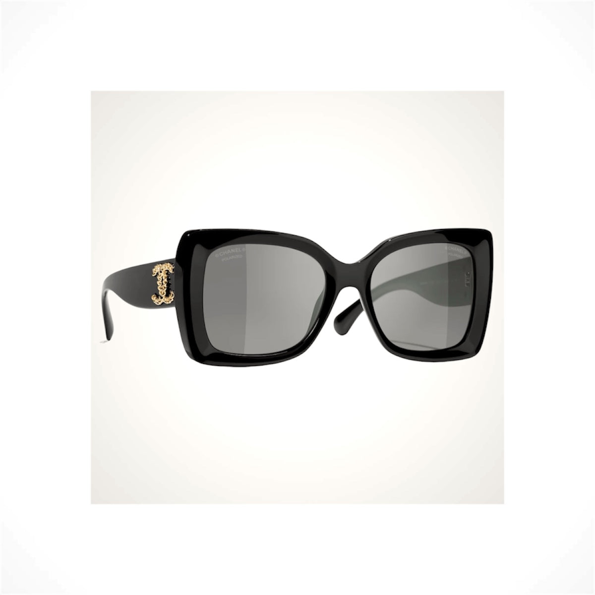 CHANEL 5555 C622/T8 women's black square rectangle sunglasses with gray polarized gradient lenses and gold CC chain logo