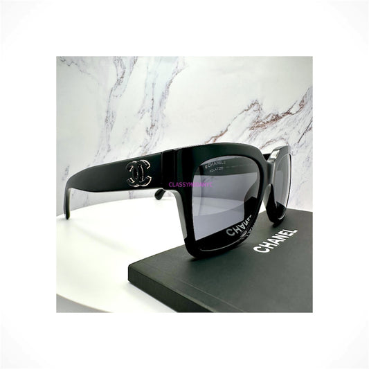 CHANEL 5557 C622/T8 women's black butterfly square sunglasses with gray polarized gradient lenses and raised black and gold CC logos