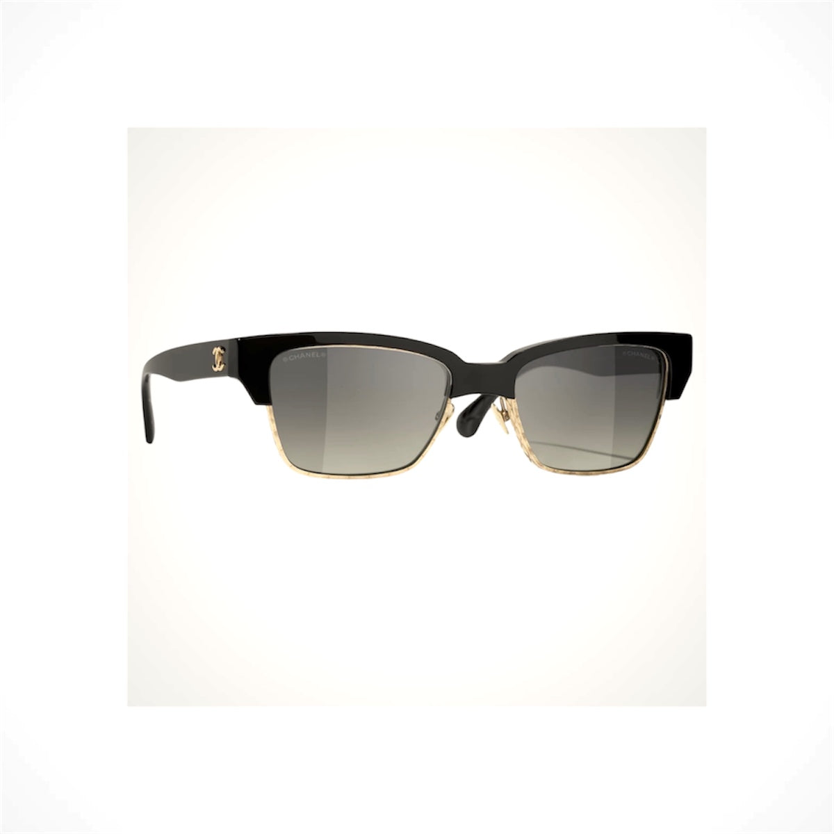 CHANEL 5558 C622/S6 women's black and gold cat-eye sunglasses with gray gradient lenses and CC logo