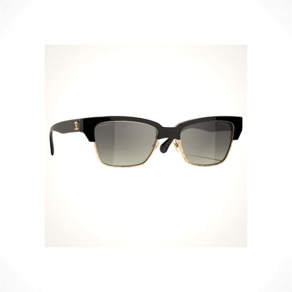 CHANEL 5558 C622/S6 women's black and gold cat-eye sunglasses with gray gradient lenses and CC logo