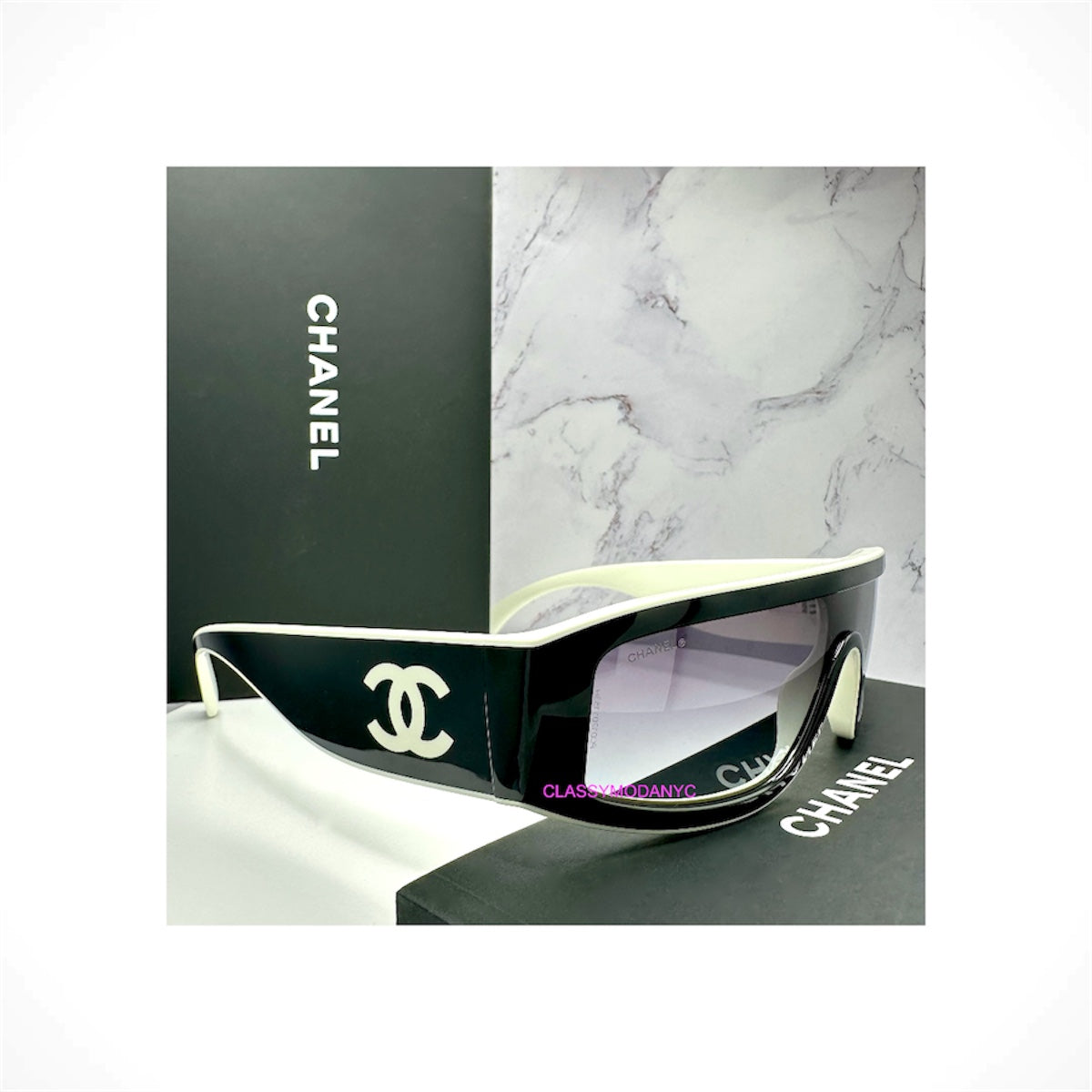 CHANEL 6057 1656/S6 unisex black and white shield wrap sunglasses with gradient gray lenses and interlocking CC logos