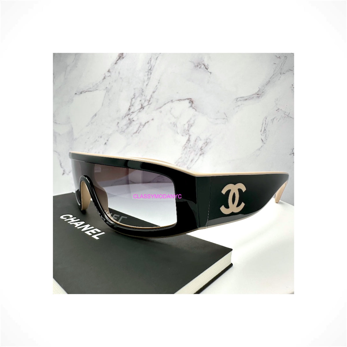 CHANEL 6057 C534/S6 unisex black and beige shield wrap sunglasses with gradient gray lenses and interlocking CC logos