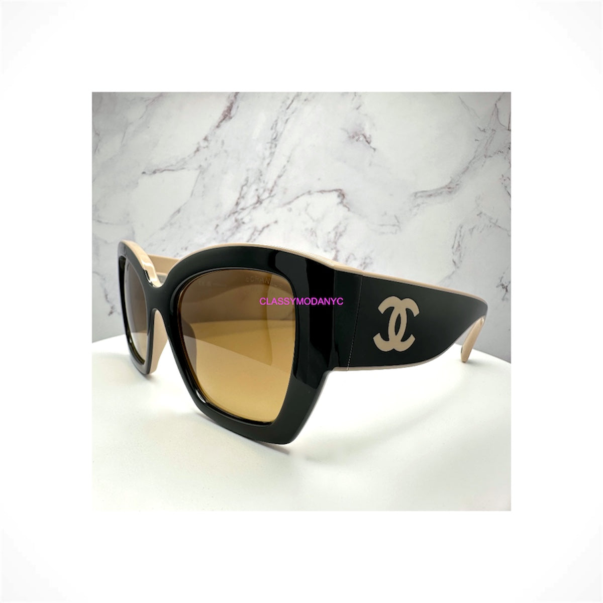 CHANEL 6058 C534/M2 women's black and beige butterfly sunglasses with brown polarized gradient lenses and CC logo