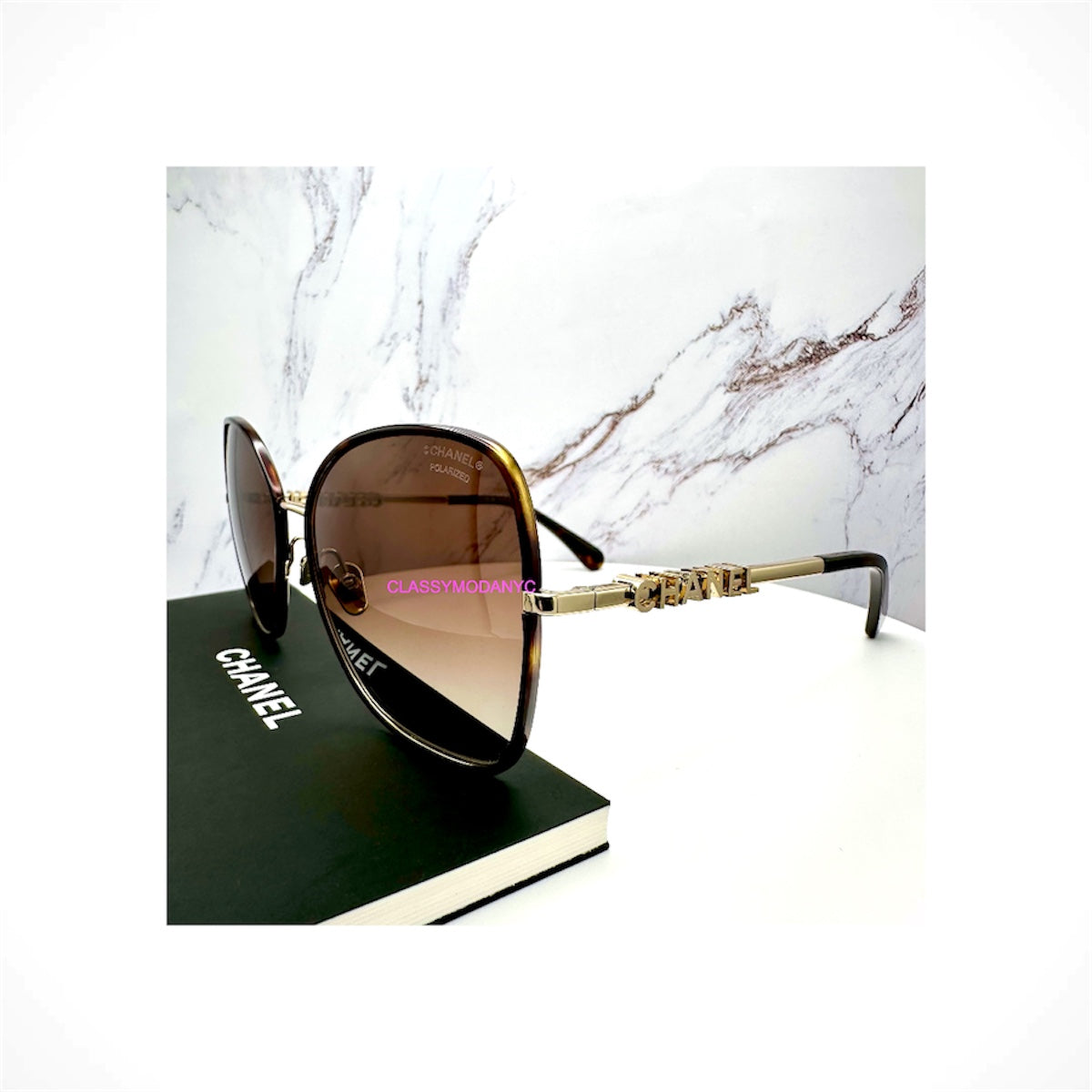 CHANEL CH4283 C429/S9 women's gold and brown butterfly polarized sunglasses with brown gradient lenses and 3D CHANEL logo