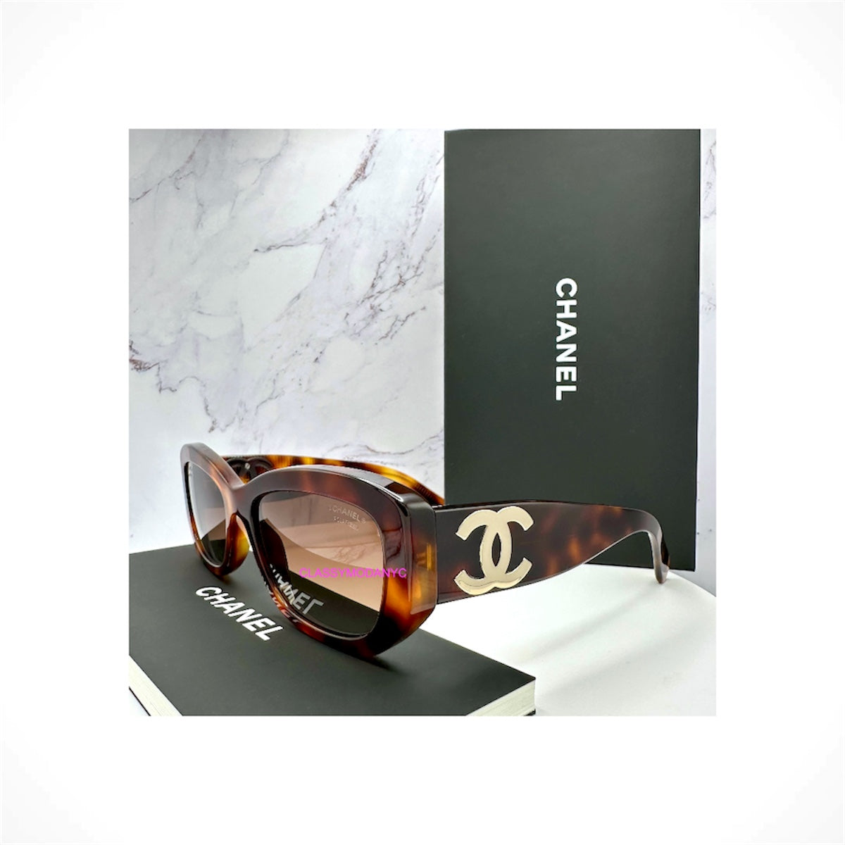 CHANEL CH5493 1295/S9 women's brown tortoise rectangle polarized sunglasses with brown gradient lenses and gold CC logos
