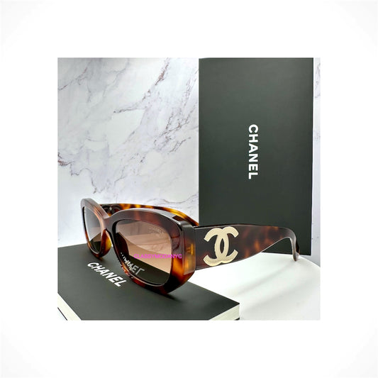 CHANEL CH5493 1295/S9 women's brown tortoise rectangle polarized sunglasses with brown gradient lenses and gold CC logos