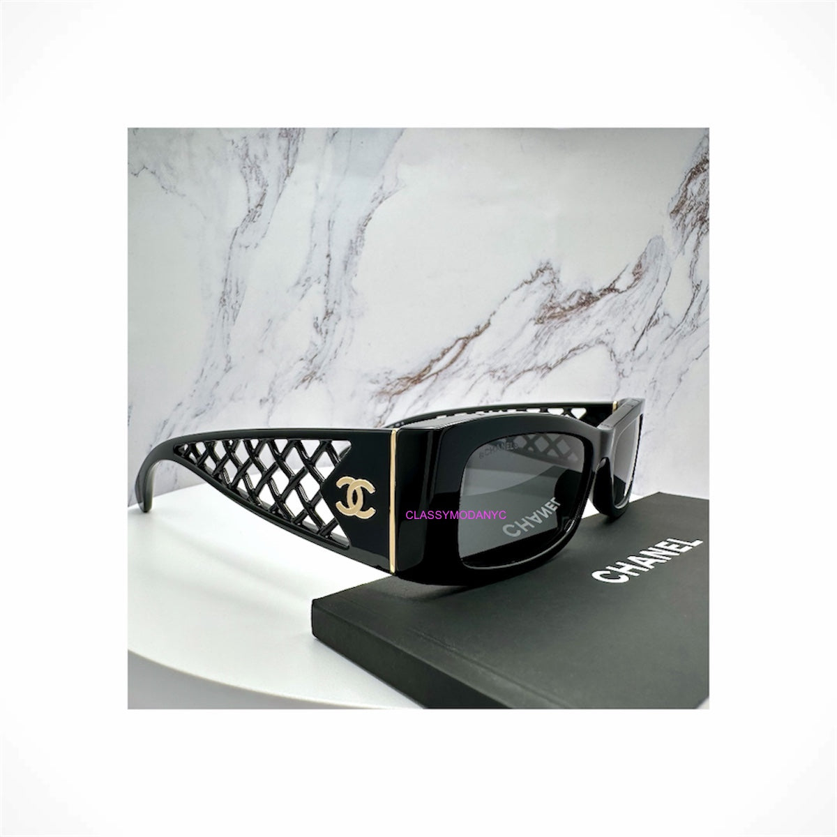 CHANEL CH5566 1850/S4 unisex black slim rectangle sunglasses with gold CC logo