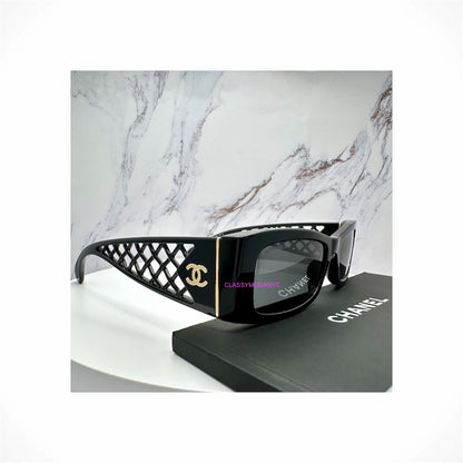 CHANEL CH5566 1850/S4 unisex black slim rectangle sunglasses with gold CC logo