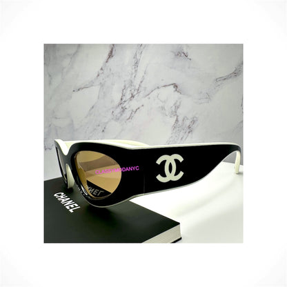 CHANEL CH6056 1656/53 women's black and white cat eye sunglasses with gradient brown lenses and interlocking CC logos