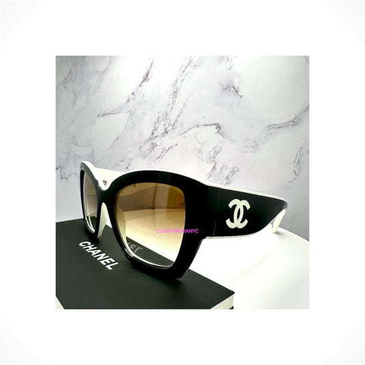 CHANEL CH6058 C1656/51 women's black and white butterfly sunglasses with gradient beige lenses and white interlocking CC logo
