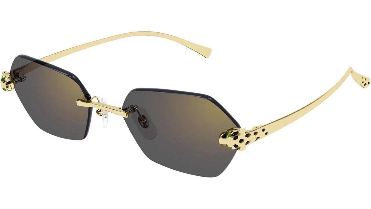 CT0636S 001 Cartier gold metal panther sunglasses with grey lens side view 
