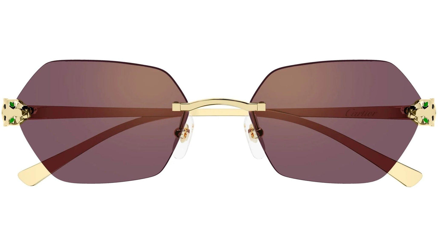 Cartier CT0636S 003 rimless hexagon unisex sunglasses in gold metal with violet gold flash mirror lens with panther front frame