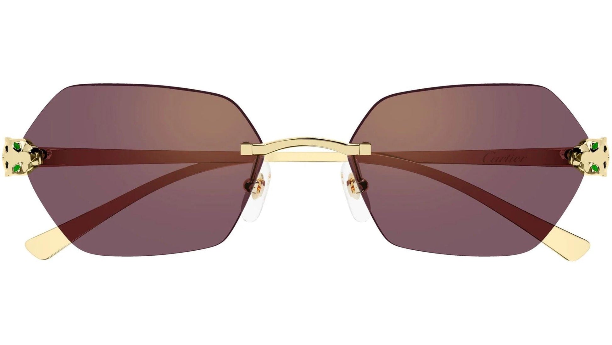 Cartier CT0636S 003 rimless hexagon unisex sunglasses in gold metal with violet gold flash mirror lens with panther front frame