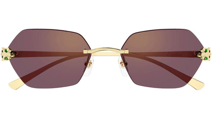 Cartier CT0636S 003 rimless hexagon unisex sunglasses in gold metal with violet gold flash mirror lens with panther front frame