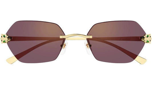 Cartier CT0636S 003 rimless hexagon unisex sunglasses in gold metal with violet gold flash mirror lens with panther front frame