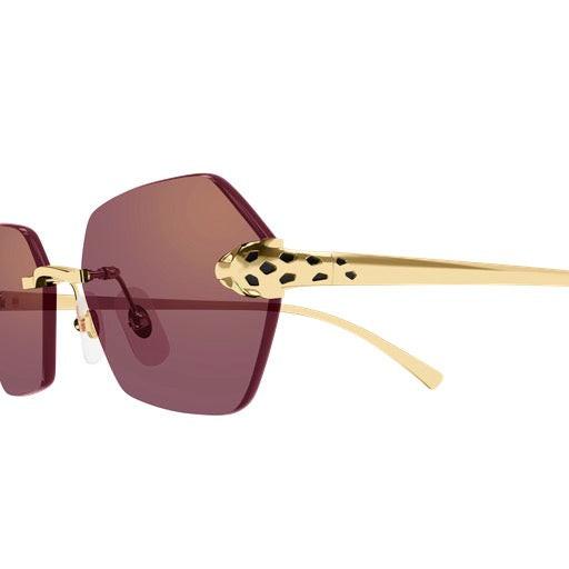 Cartier CT0636S 003 rimless hexagon unisex sunglasses in gold metal with violet gold flash mirror lens with panther