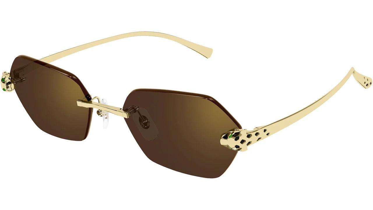 Cartier CT0636S 002 gold rimless panther sunglasses with brown lens 