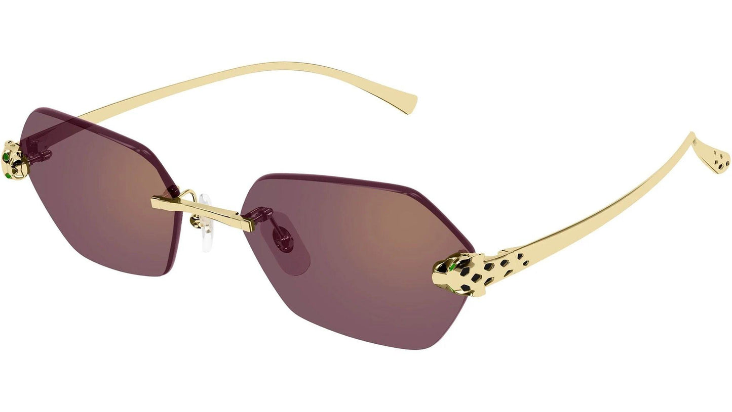 Cartier CT0636S 003 rimless hexagon unisex sunglasses in gold metal with violet gold flash mirror lens with panther arms side view