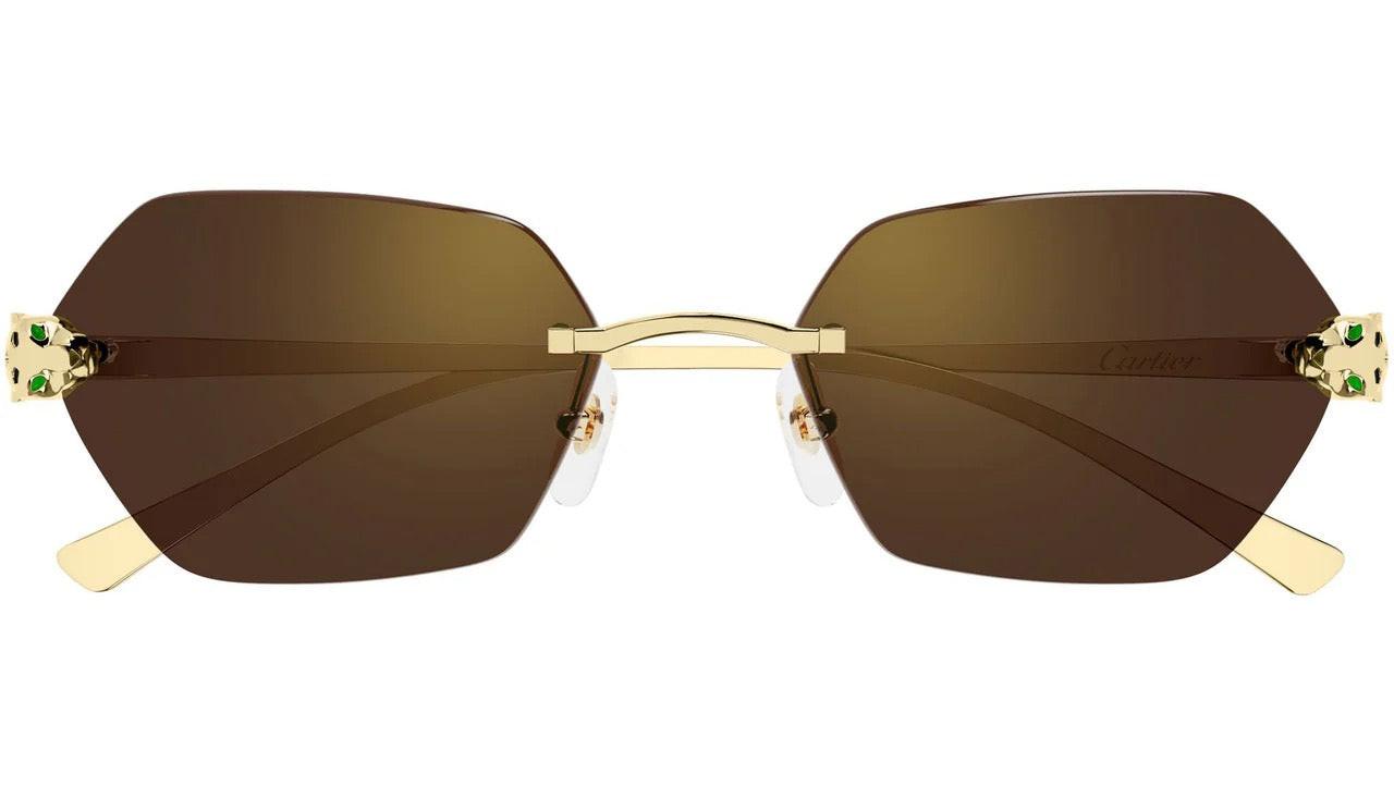 Cartier CT0636S 002 gold rimless panther sunglasses with brown lens front view 