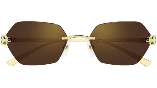 Cartier CT0636S 002 gold rimless panther sunglasses with brown lens front view 